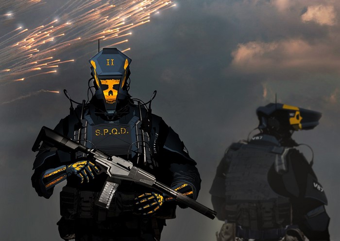 Two futuristic soldiers with assault rifles and SPQD markings