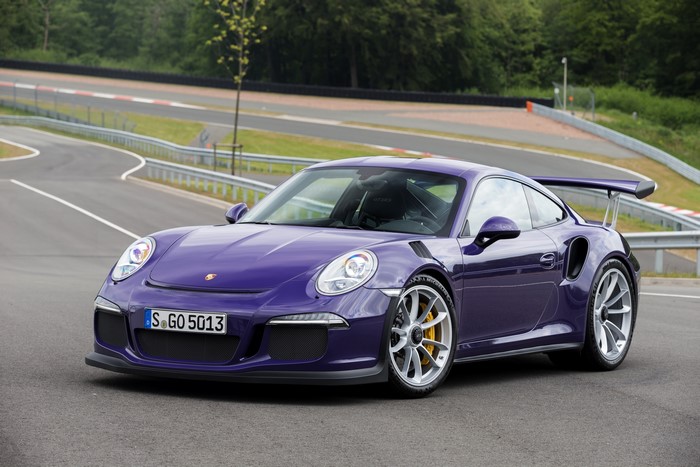 Violet Porsche 911 GT3 RS 991 on a race track