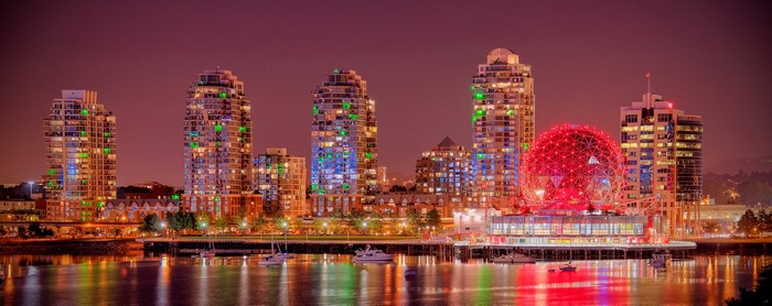 Vancouver skyline with Science World at night