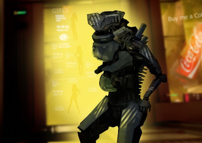 Robot warrior in front of a vending machine