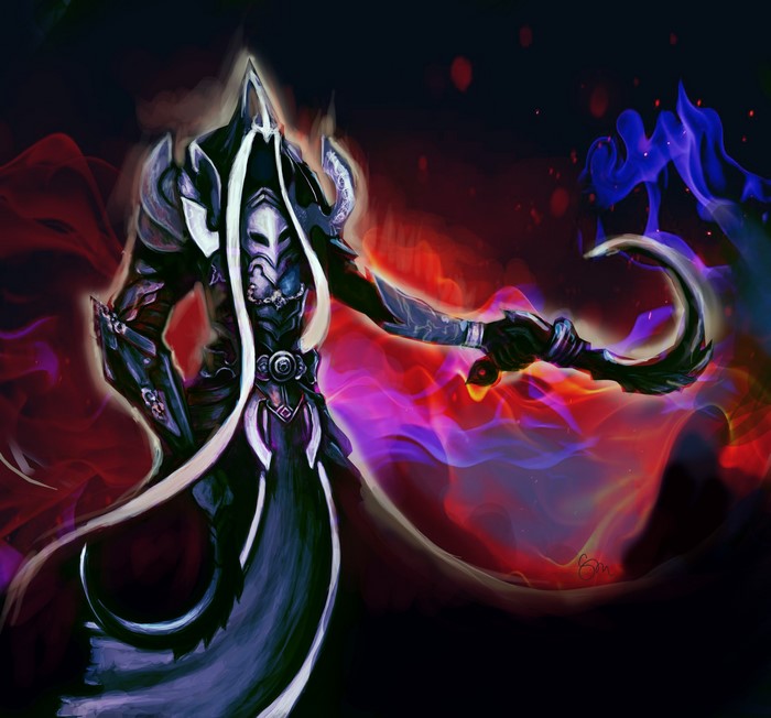Malthael from Diablo III with red and blue smoke
