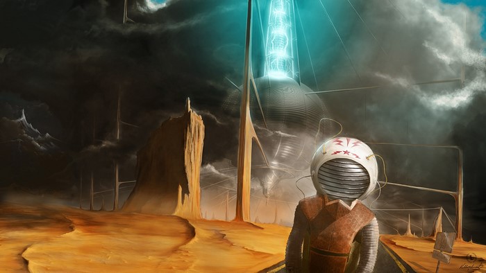Astronaut in a desolate alien landscape with a futuristic tower