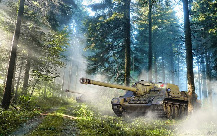 Two SU-122P SPGs in a sunlit forest
