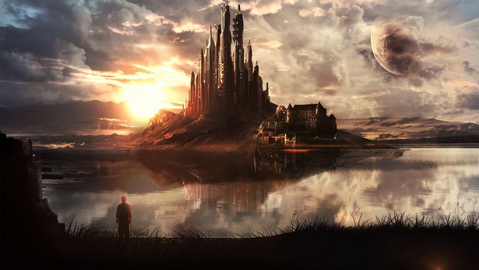 Fantasy castle on a hill overlooking a lake at sunset