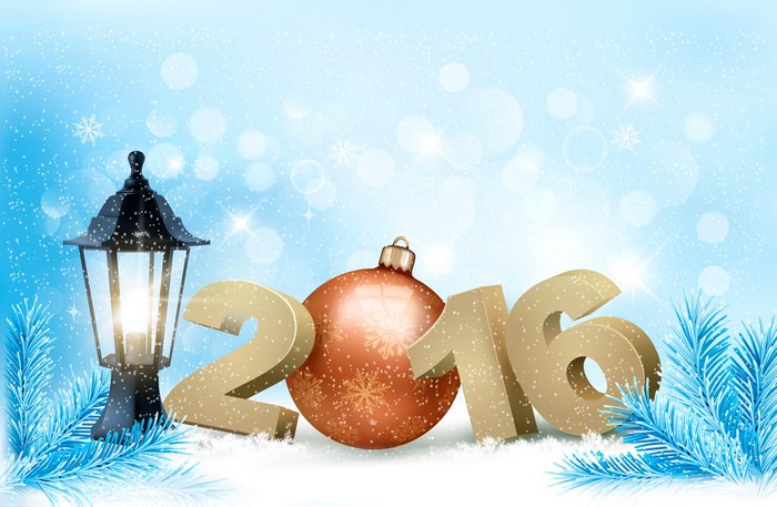 New Year 2016 celebration with Christmas ornaments and lantern