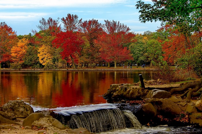 Autumn foliage reflected in Belmont Lake State Park, New York