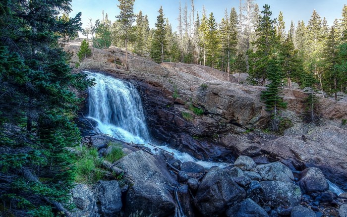 Waterfall cascading down rocky slope with pine trees