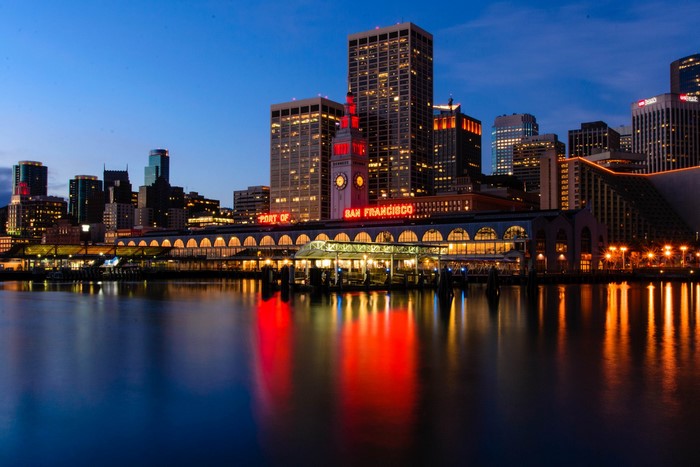 San Francisco skyline and Ferry Building at night