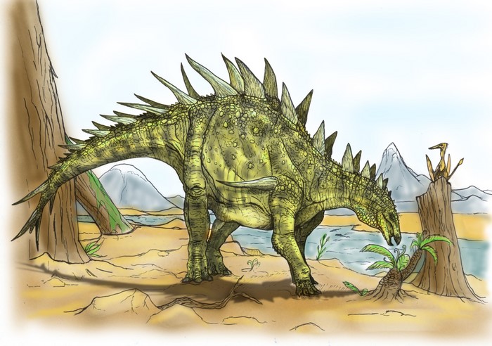 Jiangjunosaurus dinosaur in prehistoric landscape