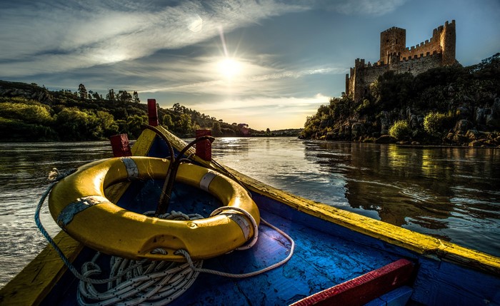4K Castle of Almourol Tagus River Portugal Boat