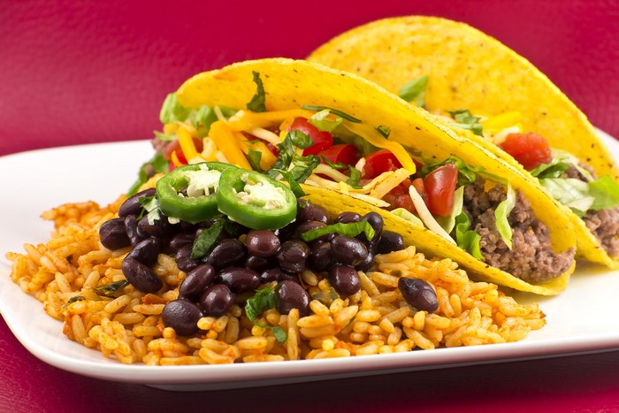 Mexican tacos with rice and black beans