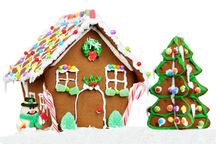 Gingerbread house and Christmas tree with decorations