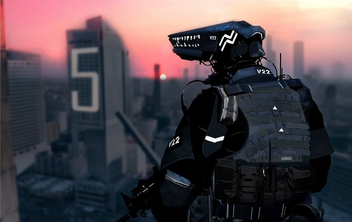 Robot warrior in futuristic city at sunset