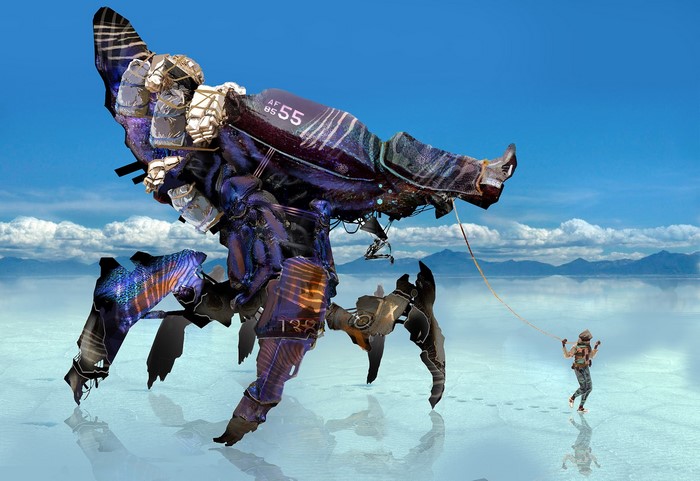 Giant mechanical creature with a person on a leash