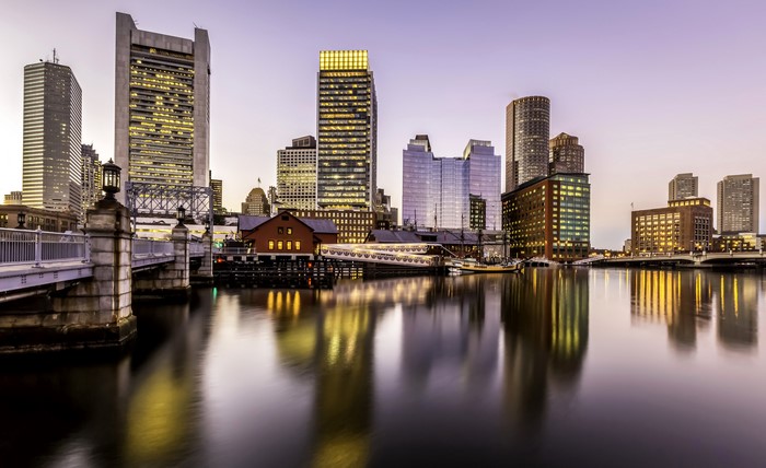 Boston Skyline with Bridges and River at Dusk