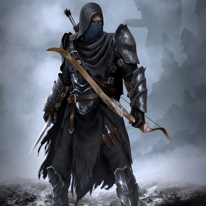 Warrior Archer in dark armor with bow and sword