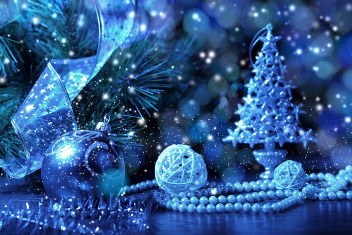 Blue Christmas ornaments and decorations