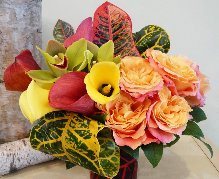 Tropical Flower Arrangement with Roses, Orchids, and Callas