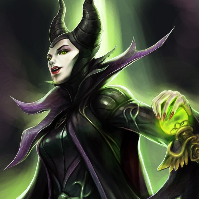 Maleficent with horns holding a green orb