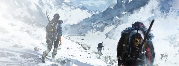 Lara Croft from Rise of the Tomb Raider in mountains
