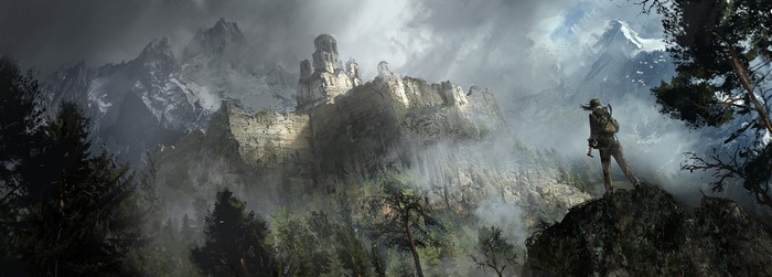 4K Lara Croft from Rise of the Tomb Raider in Mountains near Castle