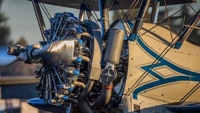 Close-up of a biplane engine