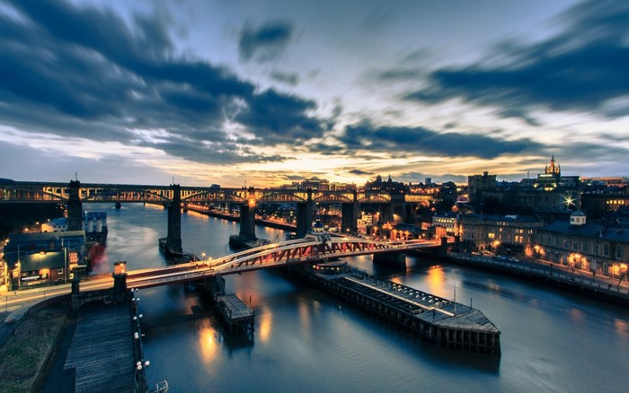 Tyne Bridge and River Tyne at sunset, Newcastle, England