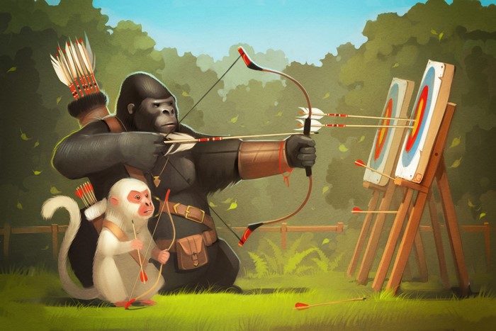Gorilla and monkey practicing archery