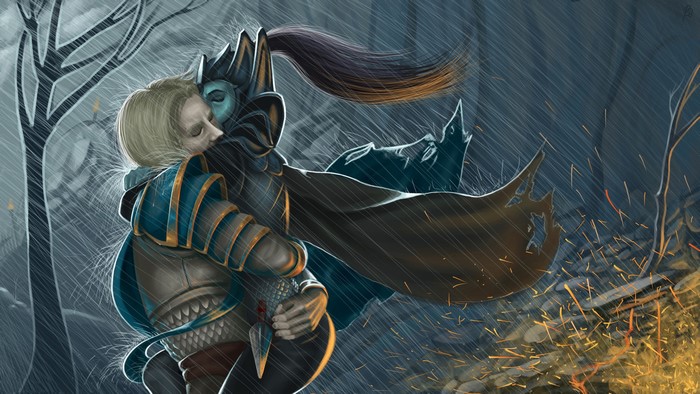 Omniknight and Phantom Assassin from Dota 2 hugging in the rain
