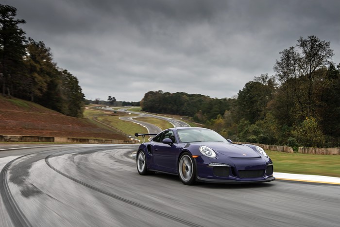 Purple Porsche 911 GT3 on a Race Track
