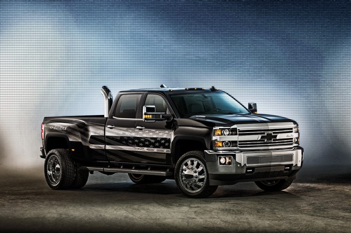 Black Chevrolet Silverado concept truck with American flag graphics
