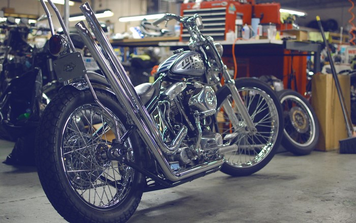 Custom Chopper Motorcycle in a Garage