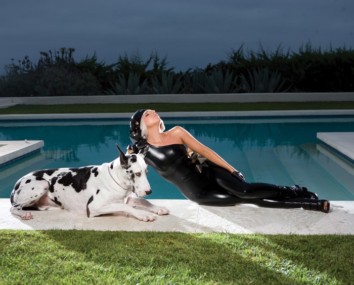 Lady Gaga with Great Dane by Pool