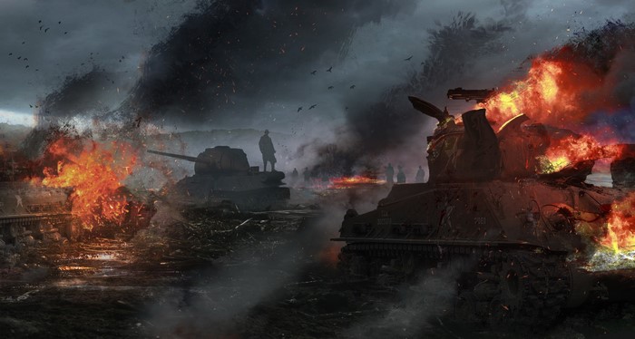 T-34-85 and M4 Sherman tanks in battle with fire