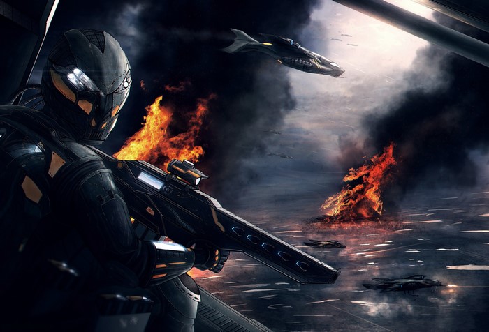 Soldier with rifle in a fiery battle with spaceships