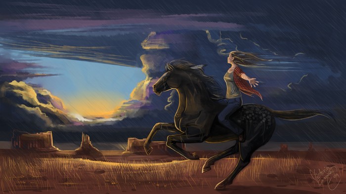 Woman riding a horse through a stormy landscape