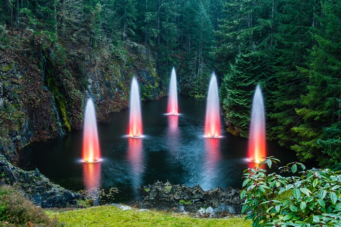 Fountains in a pond at Butchart Gardens, Canada
