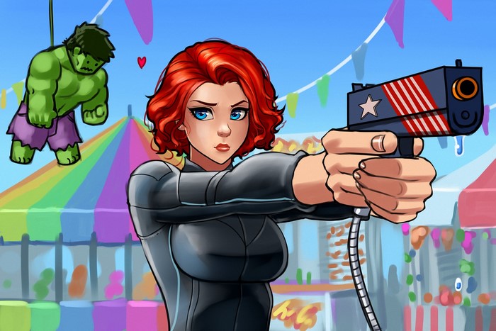 Black Widow aiming a gun at a hanging Hulk