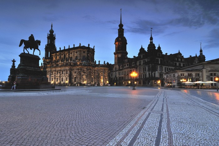 Dresden, Germany: Monument and Church at Dusk
