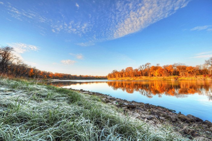 River with Autumn Trees and Frosty Grass