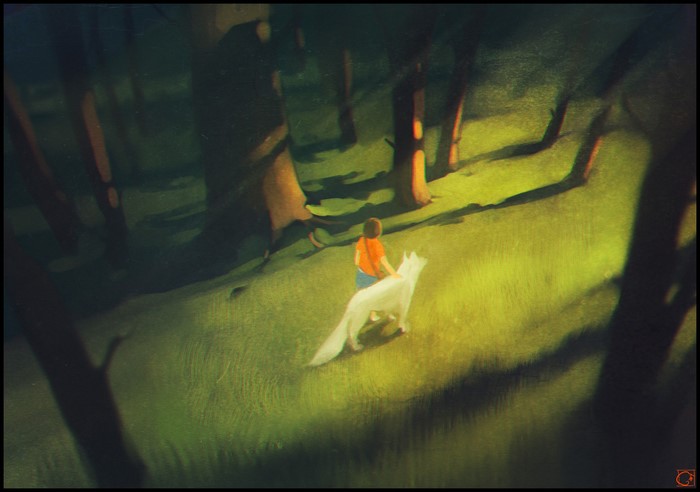 A child and a white wolf in a forest