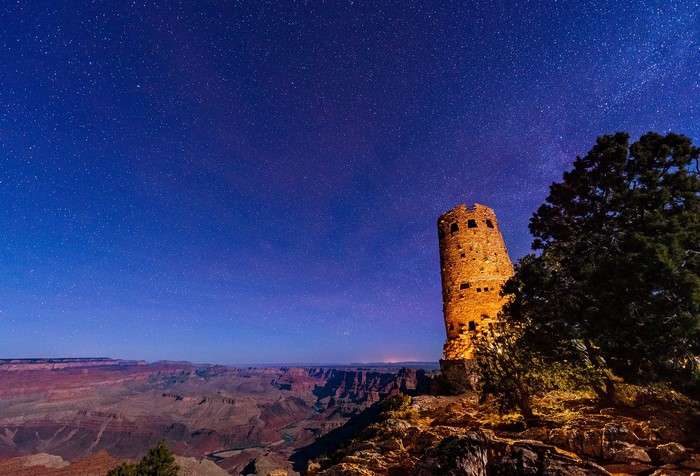 Desert View Watchtower at Grand Canyon National Park under the stars