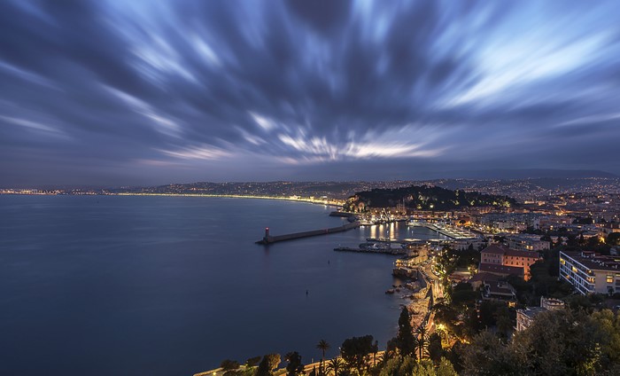 Night view of Nice, France coastline and harbor