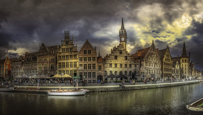Ghent waterfront with historic buildings and river