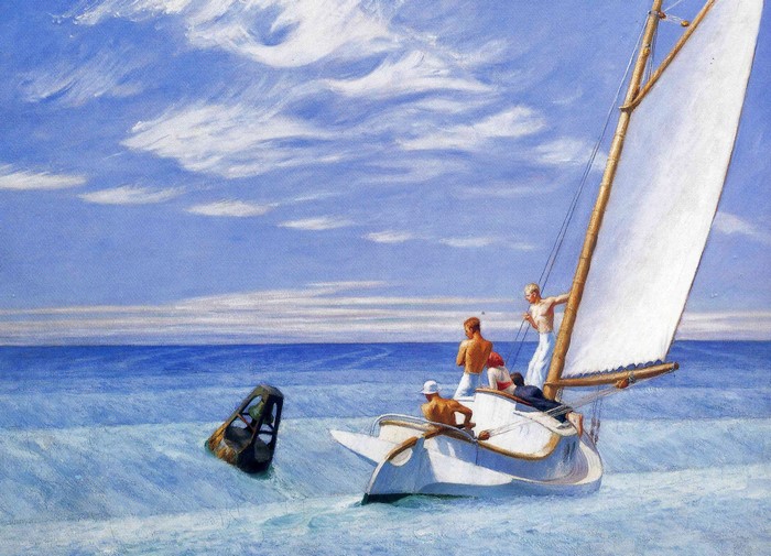 Men on a sailboat near a buoy