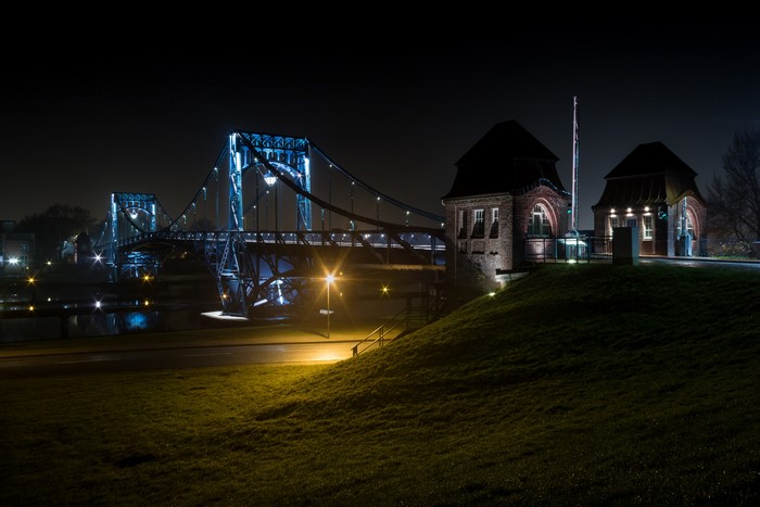 Bridge and buildings at night in Wilhelmshaven, Germany