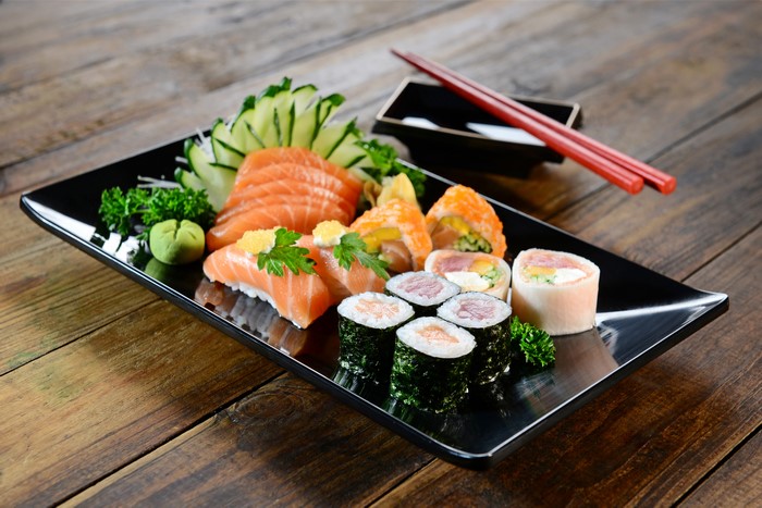 Sushi and Sashimi Platter with Chopsticks