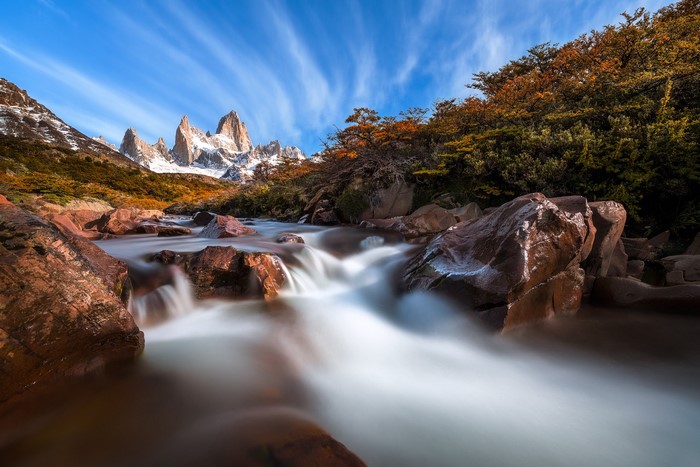 Fitz Roy Mountains and River in Patagonia
