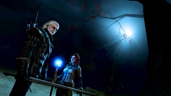 Geralt of Rivia and Triss Merigold from The Witcher 3: Wild Hunt at night