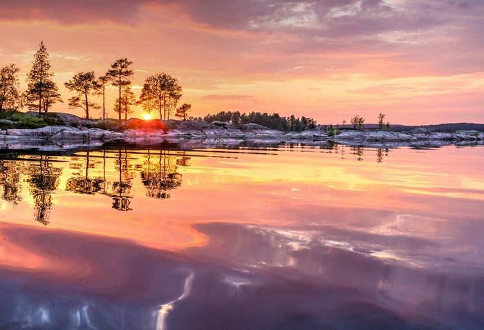 Lake with trees and sunset reflection